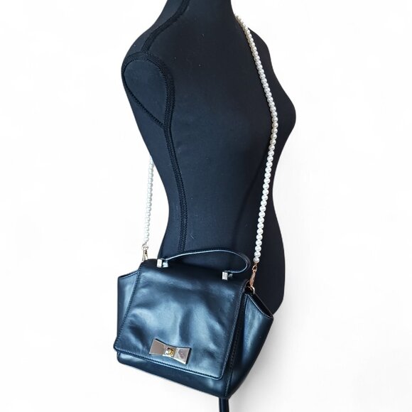 Kate Spade Black Leather Mini Flap Bag – Bow Turn-Lock Closure, Faux Pearl Chain - Picture 2 of 14